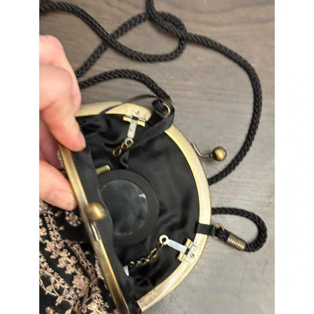 Valerie Stevens‎ Black Beaded Embroidered Evening Bag Kiss Lock Crossbody Mirror